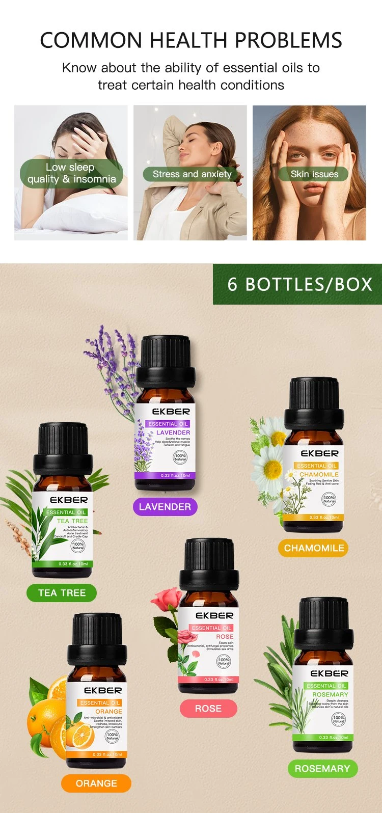 2022 New Listing Ekber Organic Hair Care Oil Face Massage Oil Increasing Sleep Quality Rose Essential Oil (New) Kit